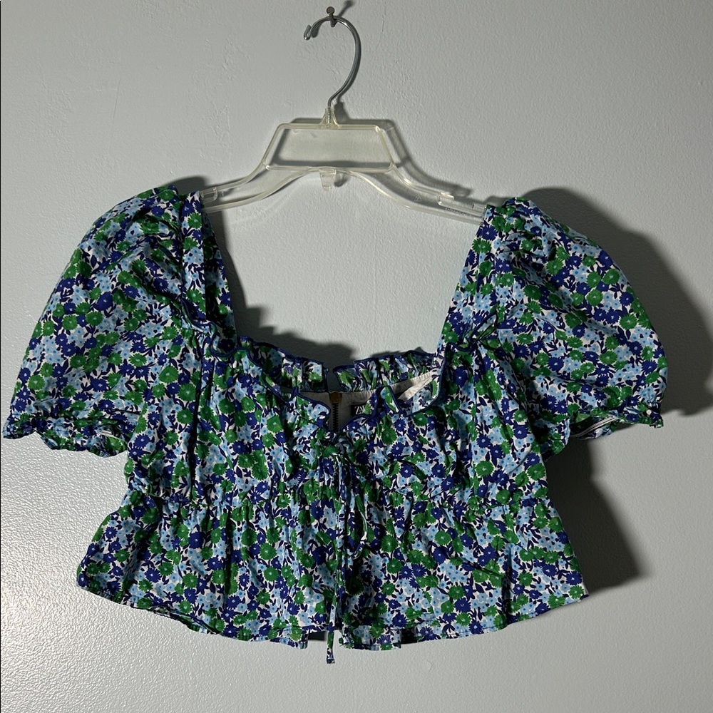 Zara Blue & Green Floral Puff-Sleeve Crop Top